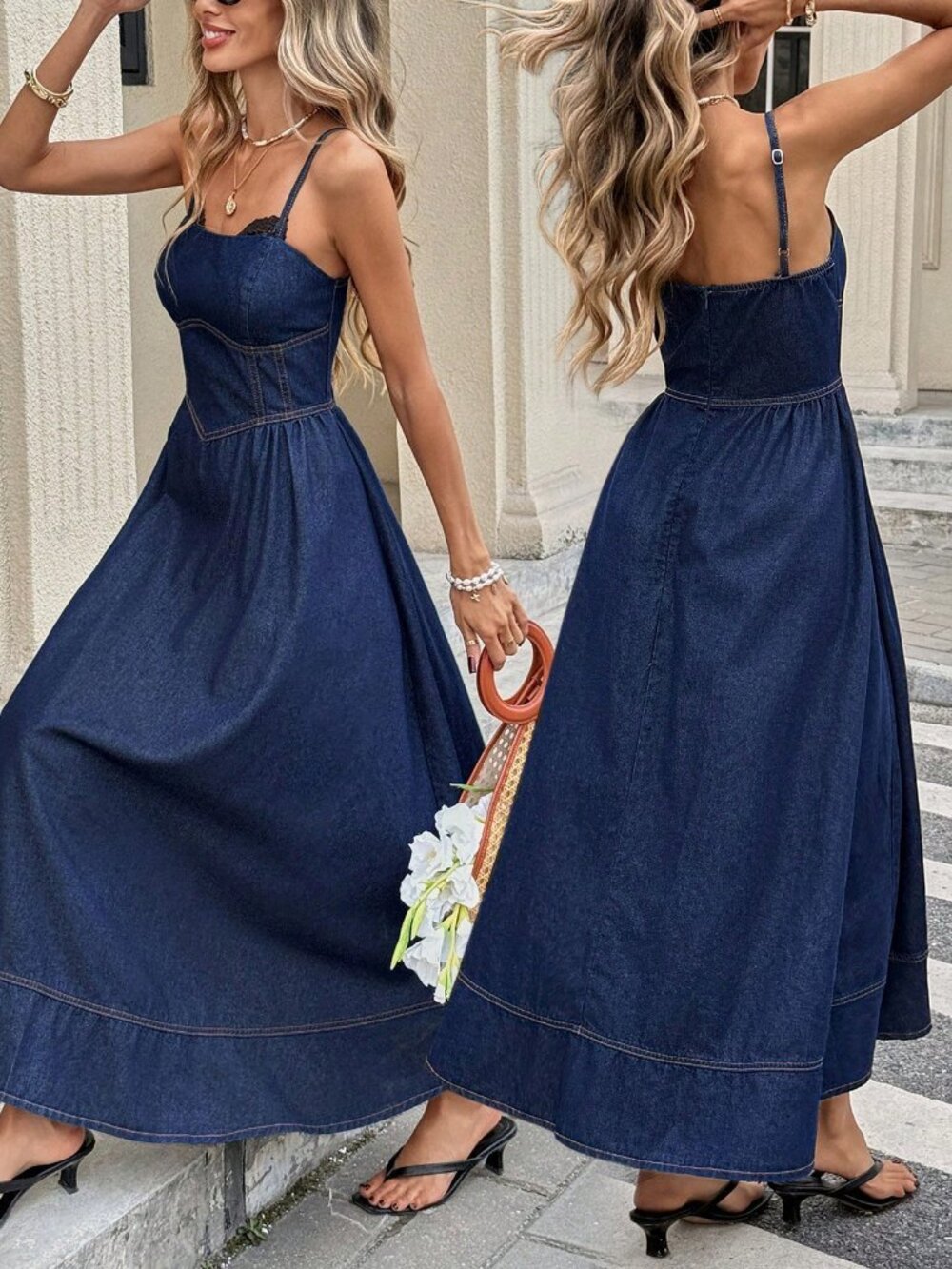 Blue Casual Women's Contrast Lace Zipper-Back Denim maxi Dress